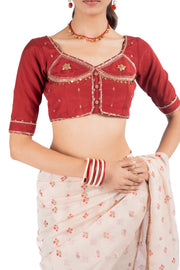 BEIGE & RED CHANDERI BAGH BOOTA SAREE SET