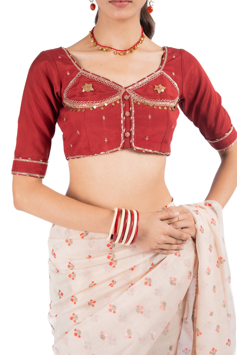 BEIGE & RED CHANDERI BAGH BOOTA SAREE SET