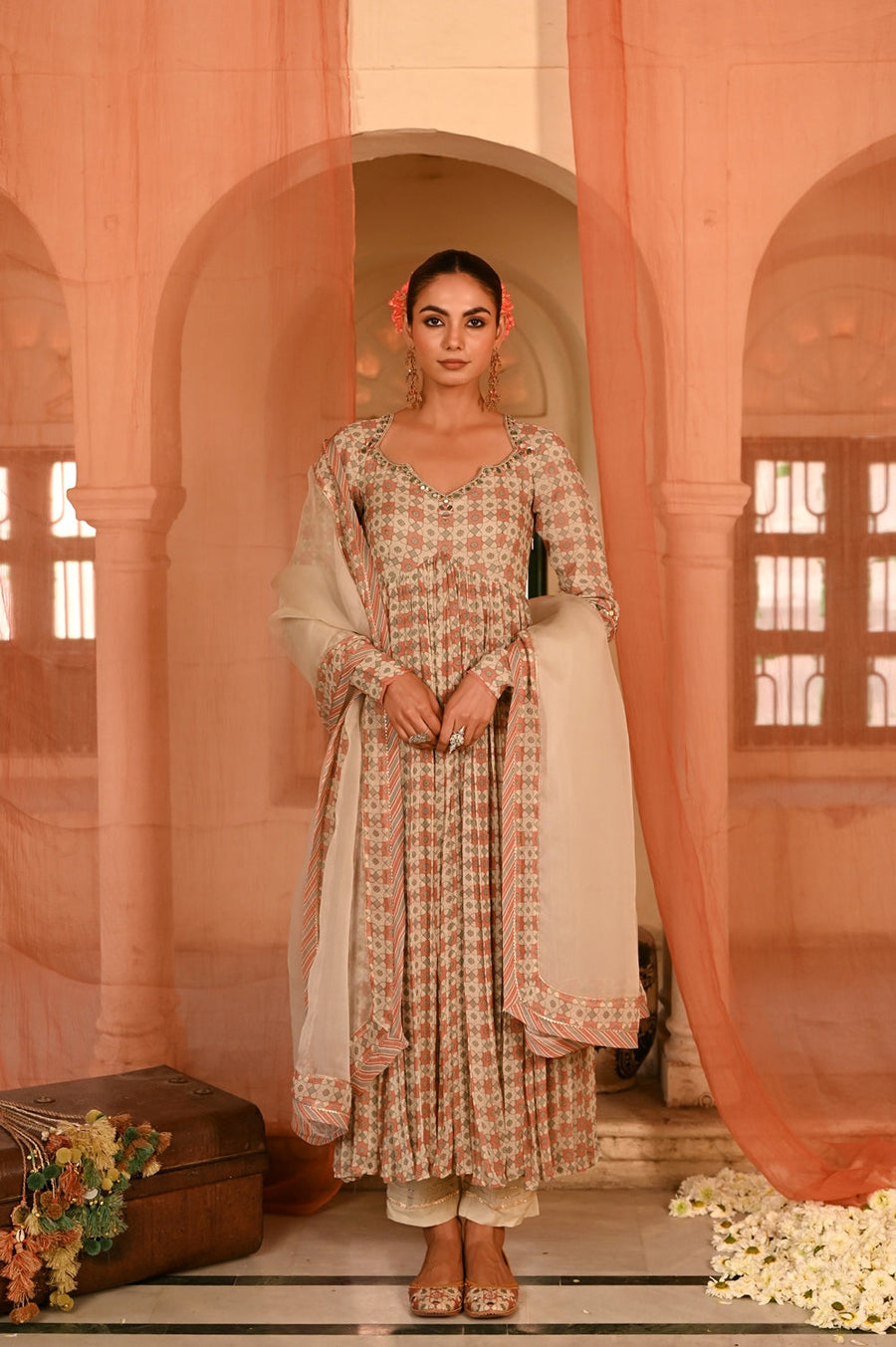 MULTICOLOR CHIFFON SEESH MAHAL ANARKALI SET