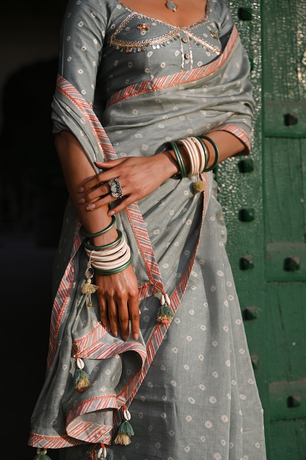 GREEN CHANDERI SUNEHRI SAREE SET