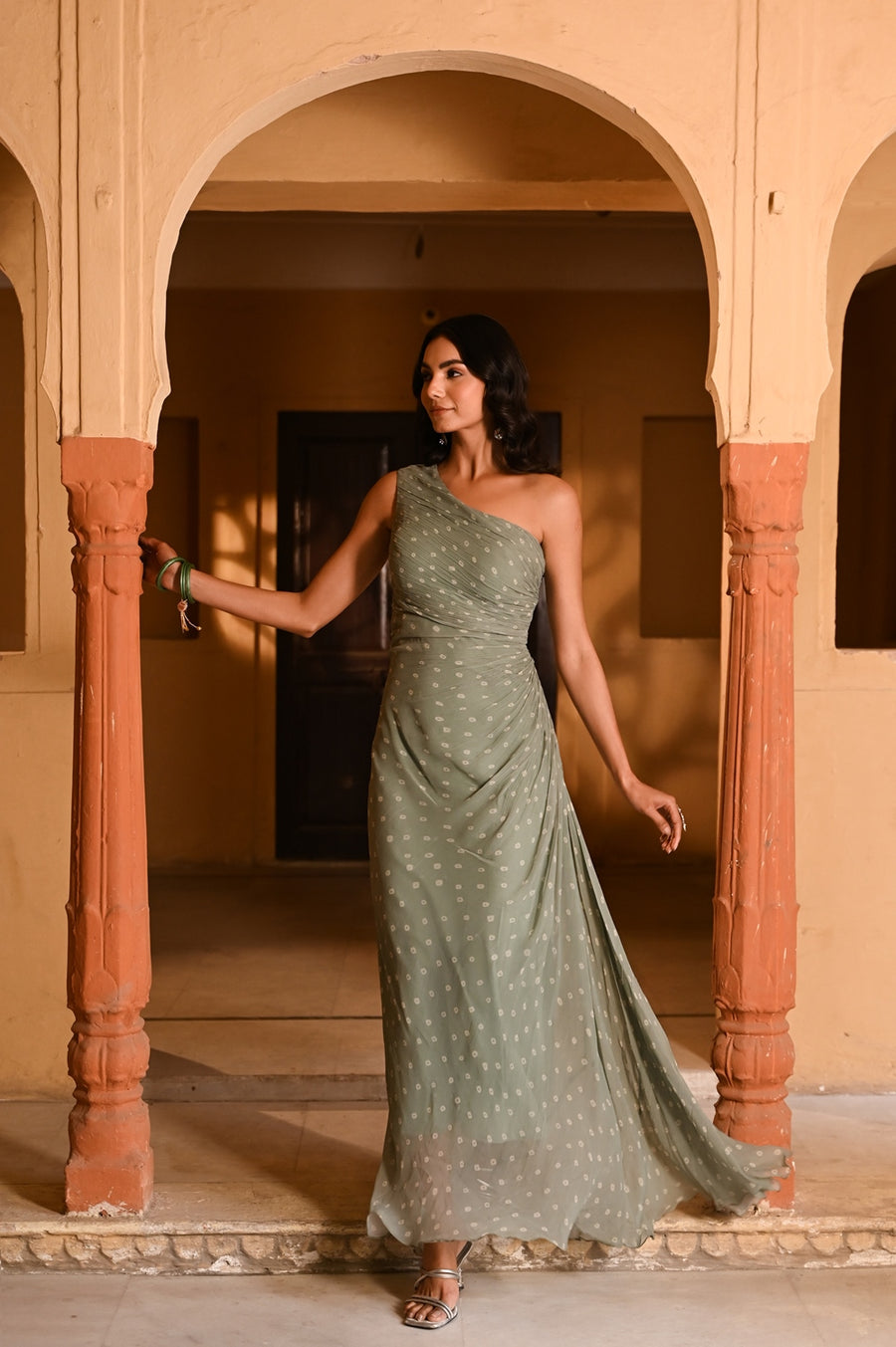 GREEN CHIFFON BANDHANI DRESS