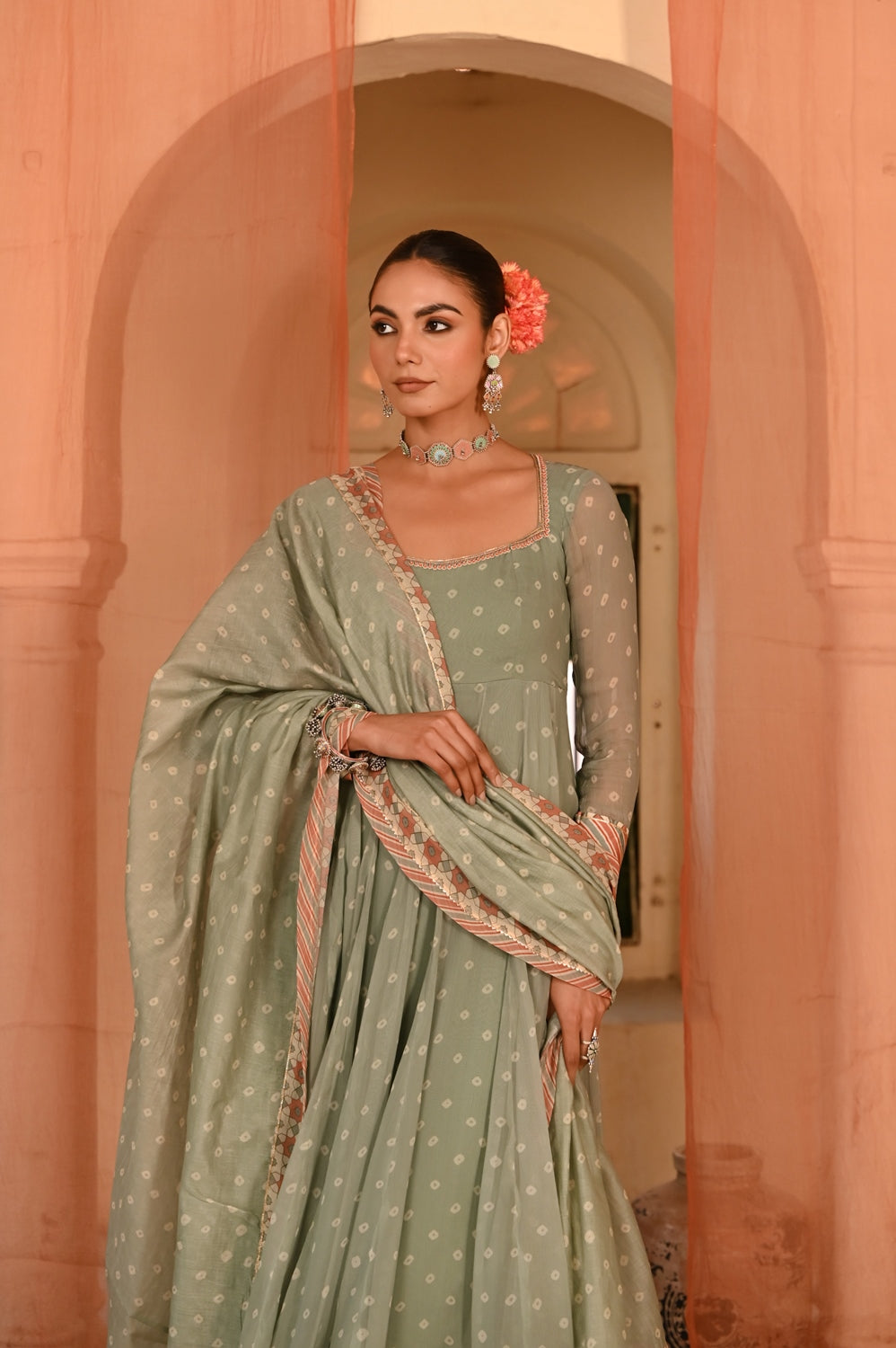 GREEN CHIFFON MOTI MAHAL ANARKALI SET