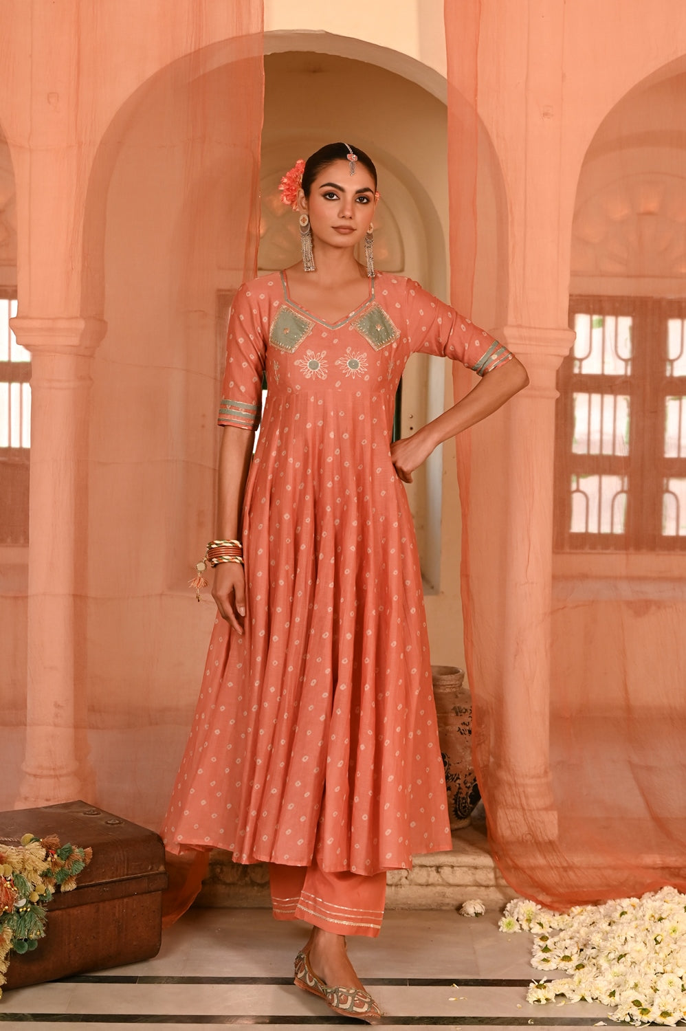 ORANGE CHANDERI SURAJMUKHI ANARKALI SET