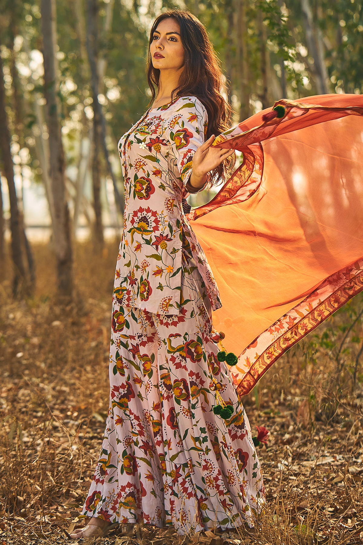 WOMEN'S GREY, PALE ORANGE CHIFFON BUTEA GHARARA SET