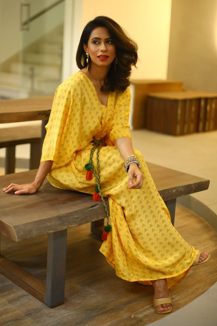 Buy WOMEN'S YELLOW NATURAL CREPE DIMDAY KAFTAN Online in India Baise Gaba