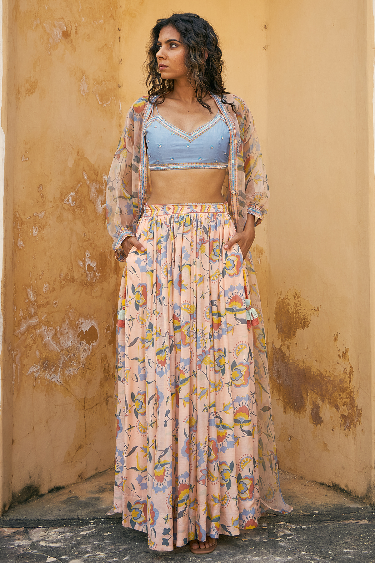 Vishudh Blouse Skirt And Overlay Set Of 3 - Baise Gaba