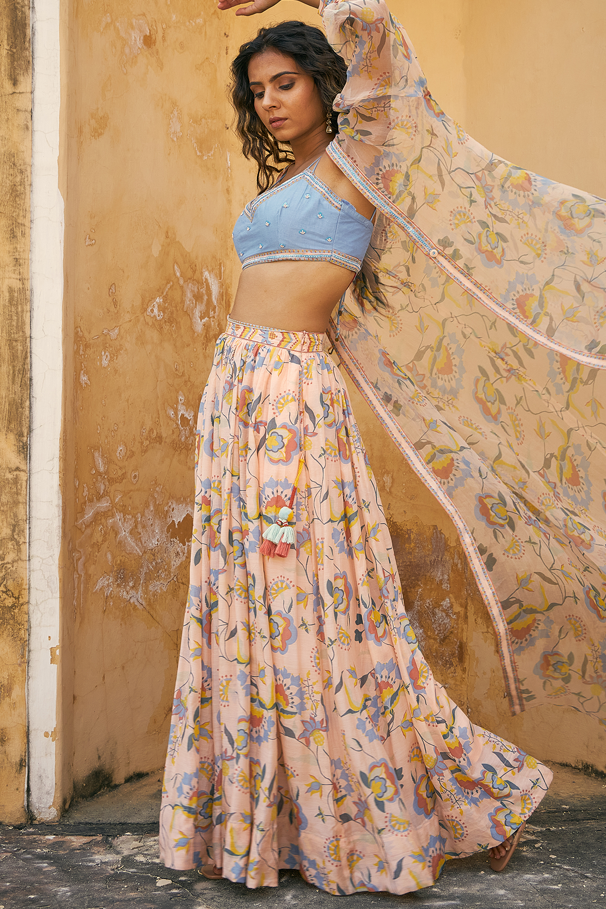 Vishudh Blouse Skirt And Overlay Set Of 3 - Baise Gaba