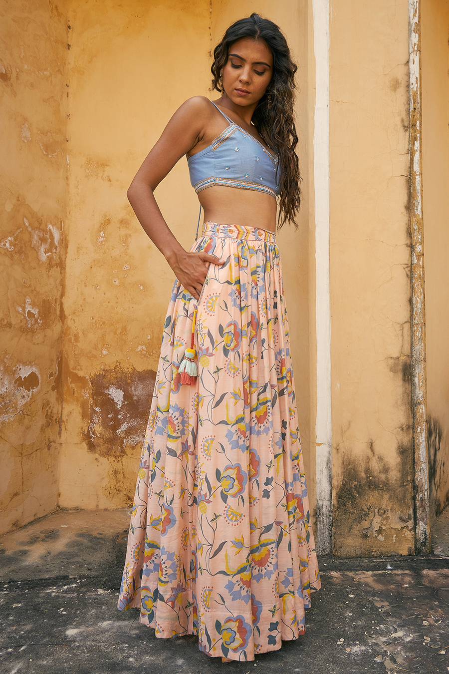 Vishudh Blouse Skirt And Overlay Set Of 3 - Baise Gaba